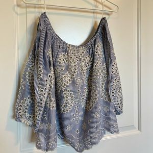 Light blue, off the shoulder lacey top. cute for a brunch! Worn just one time.